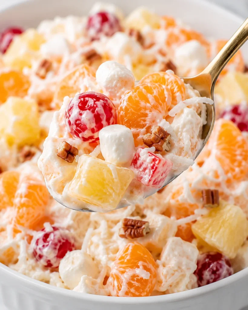 A gold spoon lifting creamy ambrosia salad from a white ceramic bowl on a bright white marble surface, showing mandarin oranges, pineapple, cherries, mini marshmallows, coconut flakes, and pecans in whipped dressing.