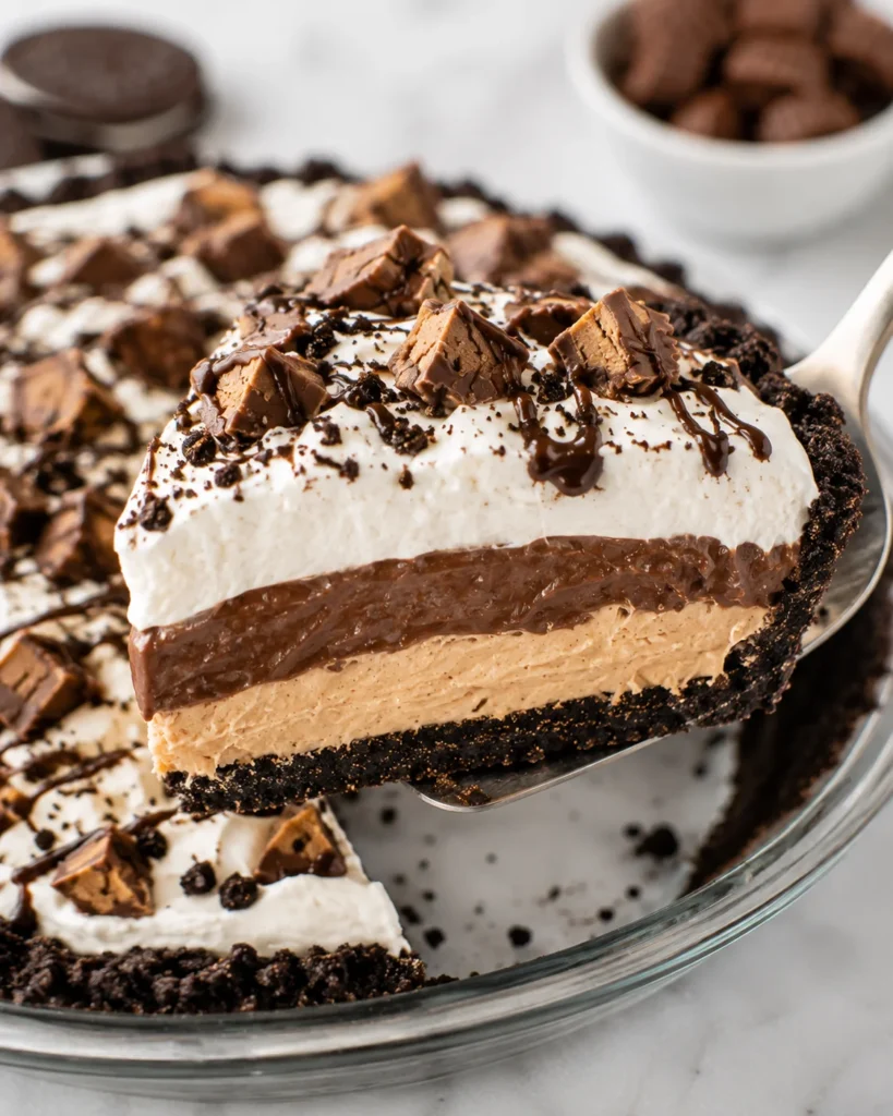 A slice of no-bake peanut butter pie lifted on a metal server from a clear glass pie dish on a bright white marble surface, showing Oreo crust, peanut butter cream, chocolate pudding, whipped topping, and crumbly layered texture