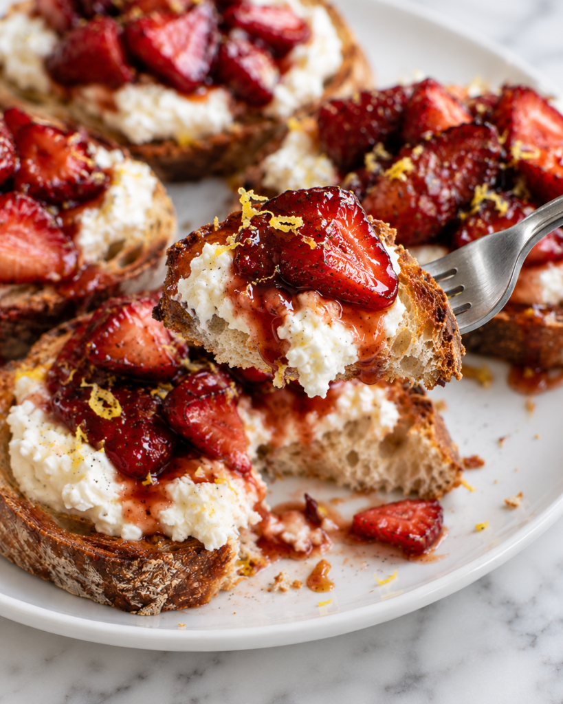 Close-up of roasted strawberry whipped ricotta toast on a white ceramic plate over white marble, with a stainless-steel fork lifting a bite showing crisp toast, creamy ricotta, glossy roasted strawberries, and a torn missing area with crumbs and berry syrup.