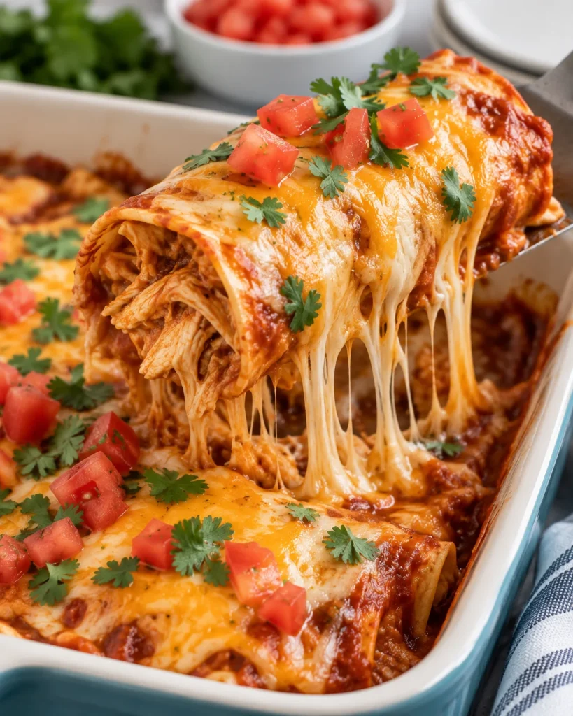Close-up of a cheesy chicken enchilada lifted from a modern ceramic baking dish on a white marble setting, showing melted cheese strands, red enchilada sauce, tender chicken filling, and a disturbed serving area underneath.