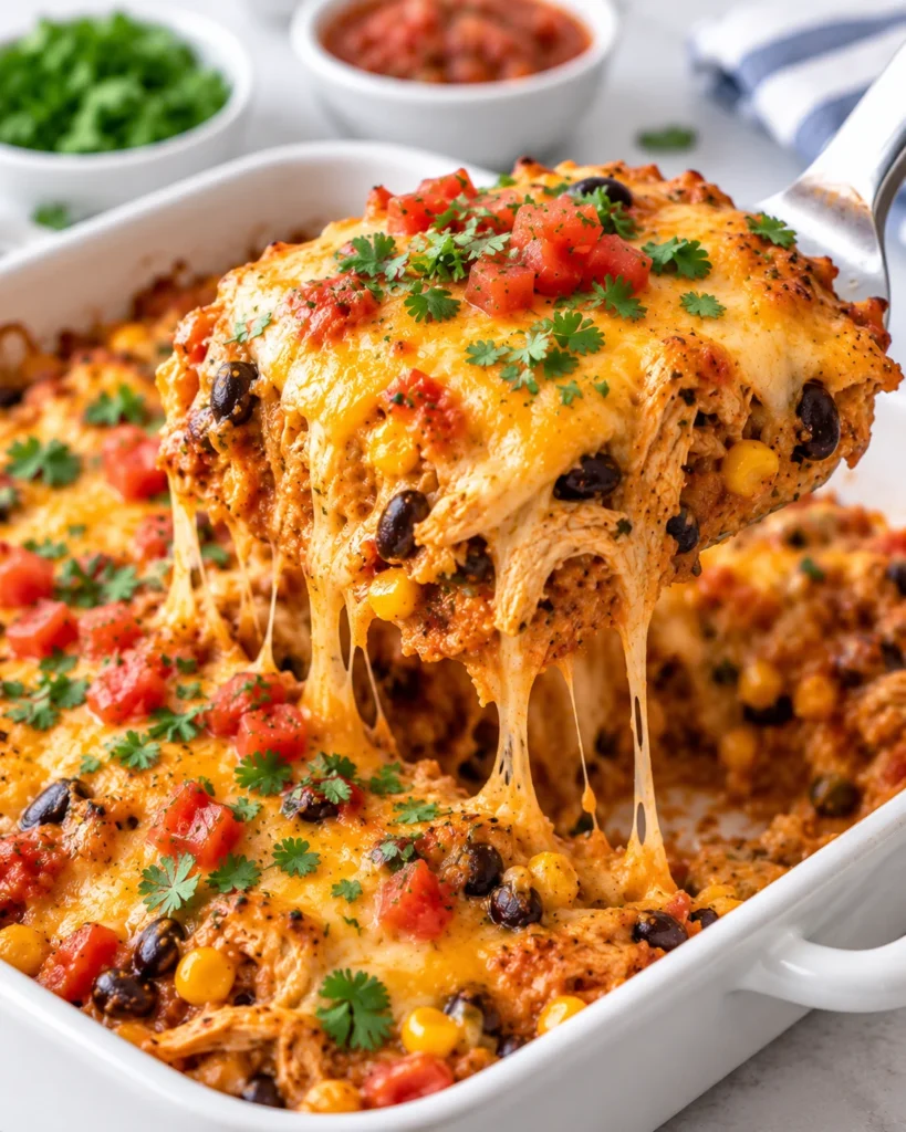 Close-up of chicken burrito casserole lifted on a metal spatula from a modern white baking dish, showing melted cheese, shredded chicken, black beans, corn, tomatoes, and a disturbed scoop mark on a bright white marble setting.