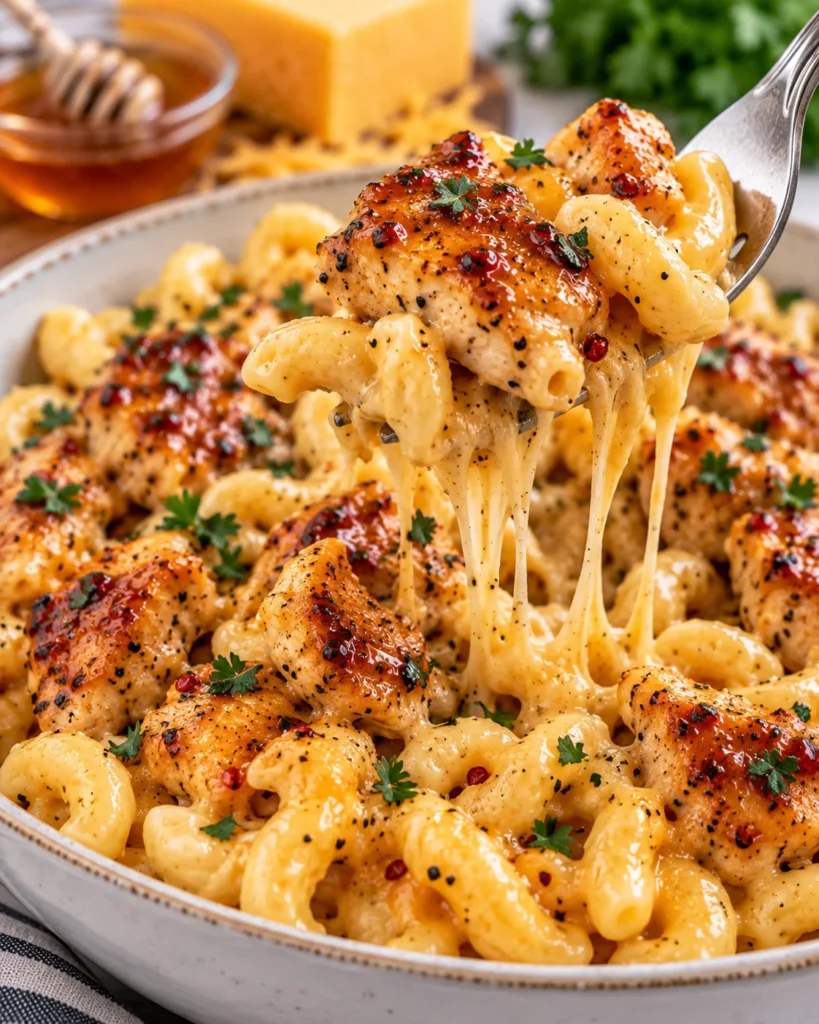 Close-up of honey pepper chicken mac and cheese in the same modern ceramic bowl, with a fork lifting creamy cavatappi and glazed pepper-flecked chicken from the dish on a bright white marble-style surface, showing stretchy cheese and glossy sauce.