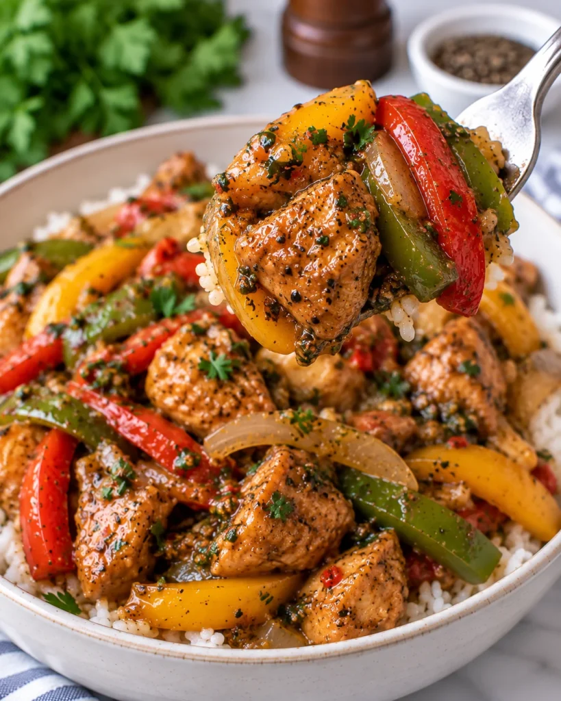 Close-up from another angle of copycat pepper chicken over white rice in a modern cream ceramic bowl on a bright white marble surface, with a lifted saucy bite showing glossy chicken, bell peppers, onion, black pepper, and fluffy rice.