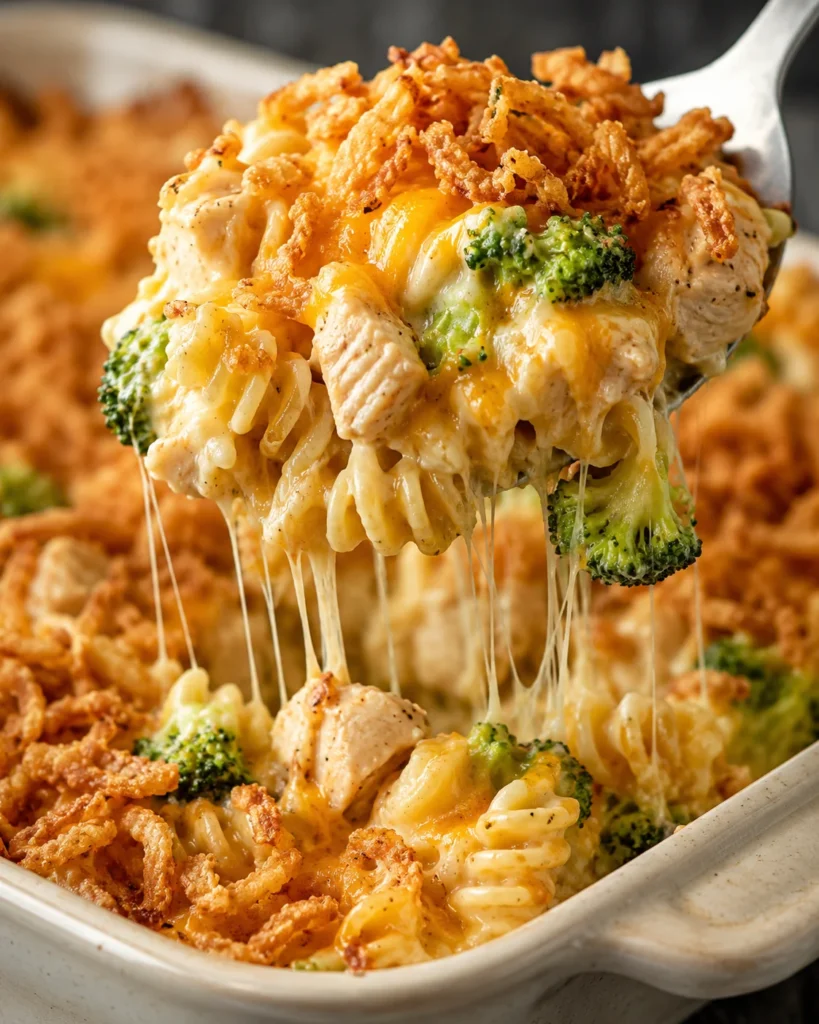 Close-up of creamy chicken and broccoli fusilli pasta bake being lifted from a modern ceramic baking dish on a bright white marble surface, with melted cheddar, crispy fried onions, and a visible disturbed scoop area in the casserole.