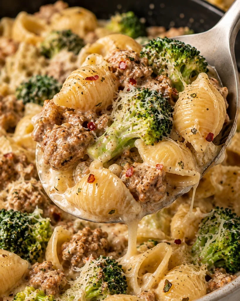 Vertical close-up of creamy sausage and broccoli shell pasta lifted on a stainless steel spoon from a modern light ceramic pan on a bright white marble surface, with Parmesan, red pepper flakes, sauce trails, and a disturbed scoop mark below.