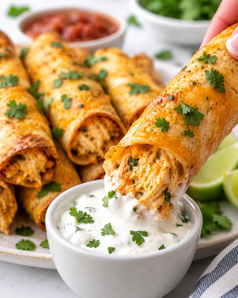 Close-up of a crisp oven baked chicken taquito dipped into a small white bowl of creamy sauce, with shredded chicken filling visible and more taquitos softly blurred on a bright white marble setting.