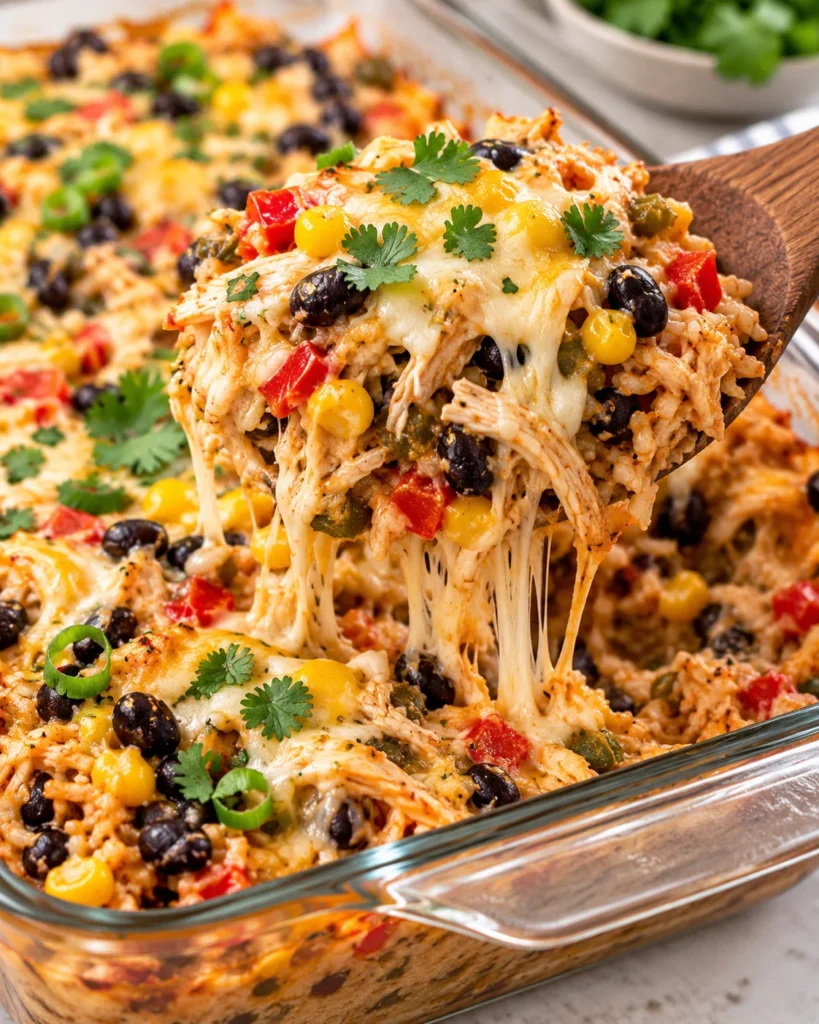 Close-up of Easy Chicken Burrito Casserole in a clear glass baking dish on a bright white marble surface, with a lifted spoonful of cheesy chicken, rice, black beans, corn, and peppers showing melted cheese and a disturbed scoop mark underneath.