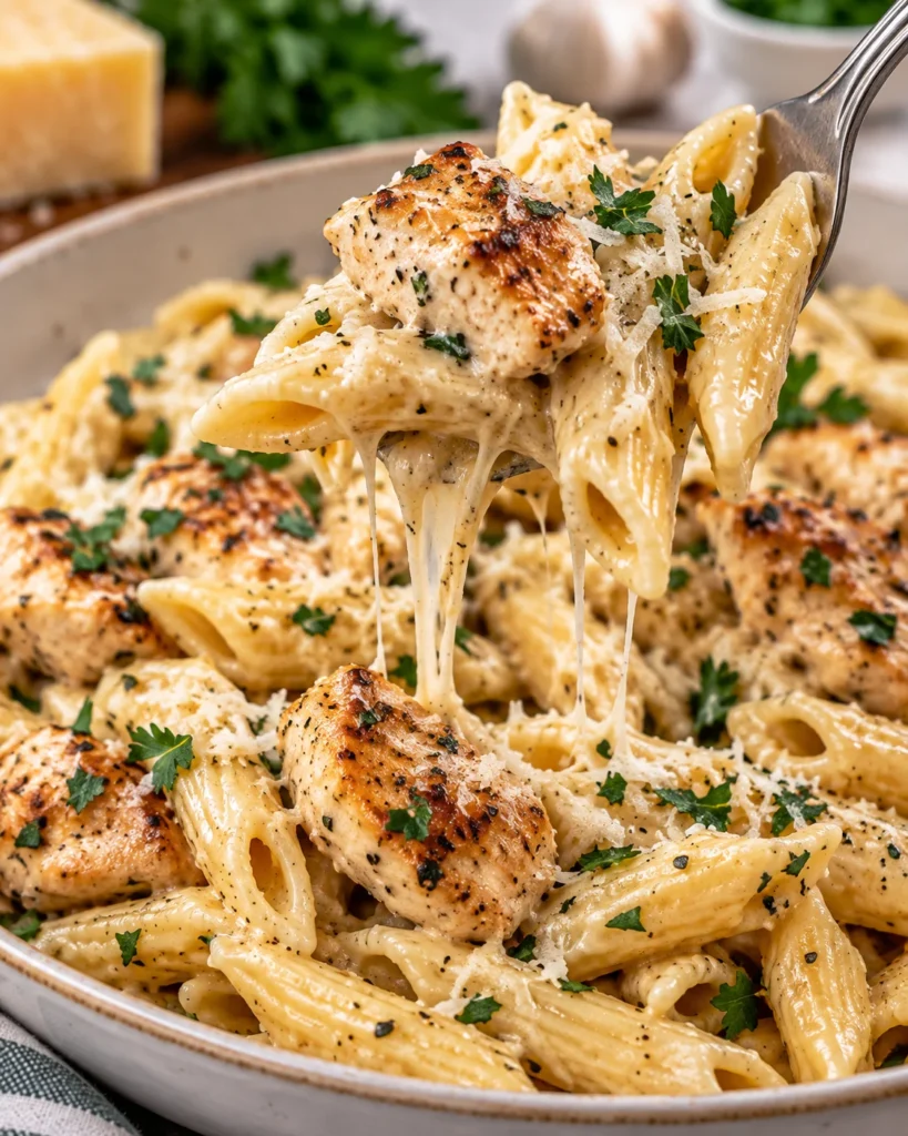 Close-up of garlic Parmesan chicken pasta in the same modern ceramic bowl, with a fork lifting creamy penne and browned chicken from the dish on a bright white marble-style surface, showing glossy sauce, Parmesan, herbs, and a disturbed serving area.