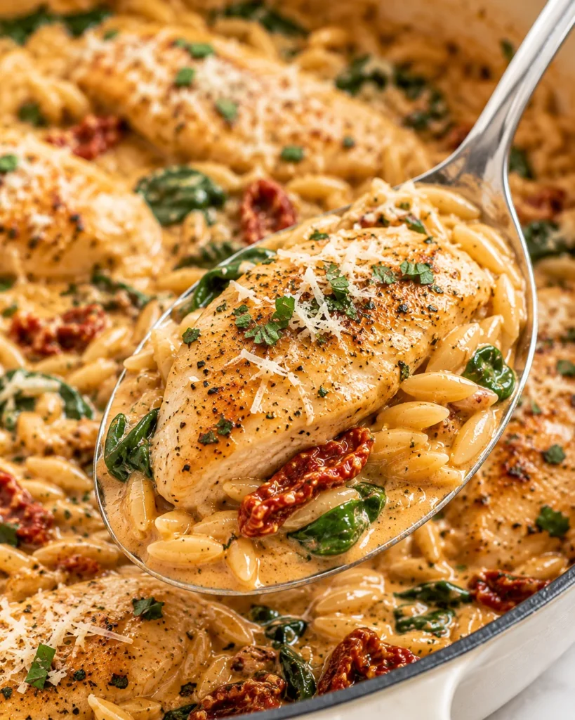 Close-up of Marry Me Chicken Orzo lifted on a stainless-steel spoon from a cream enameled Dutch oven on a bright white marble surface, showing creamy orzo, golden seared chicken, spinach, sun-dried tomatoes, herbs, and grated Parmesan.