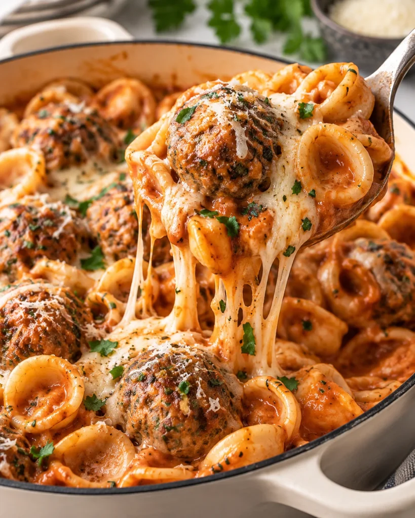 Close-up of meatball pasta in the same cream-colored modern handled skillet on white marble, with a spoon lifting saucy orecchiette, melted mozzarella, and a browned meatball from the disturbed pasta below.