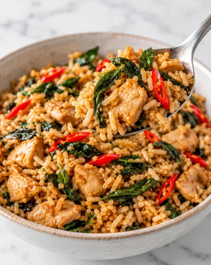 Close-up of a spoon lifting spicy Thai basil chicken fried rice with tender chicken, glossy rice, red chili, and basil from a speckled ceramic bowl on white marble.