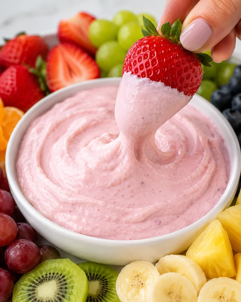 Strawberry-pink fruit dip in a white ceramic bowl on a white platter surrounded by fresh fruit, set on a bright white marble surface with a smooth, creamy swirled texture.