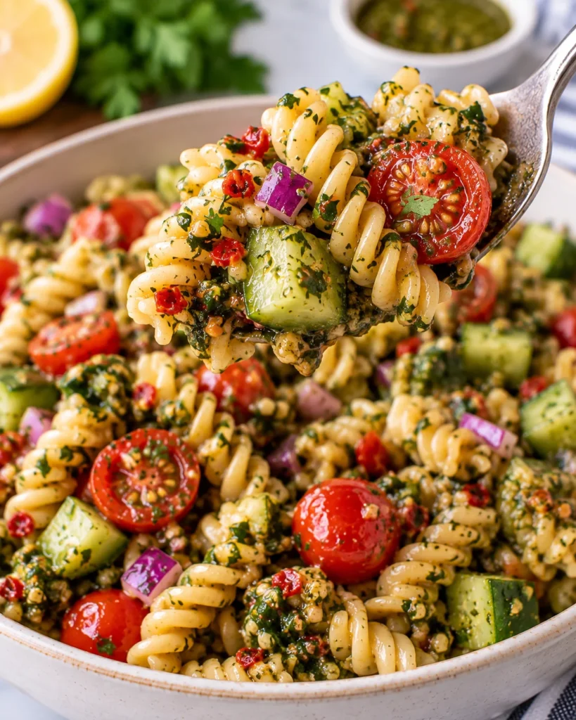 Close-up of chimichurri pasta salad lifted on a stainless-steel spoon from a modern cream ceramic bowl on a bright white marble surface, showing glossy fusilli, cherry tomato, cucumber, red onion, herb dressing, and a disturbed serving area below.