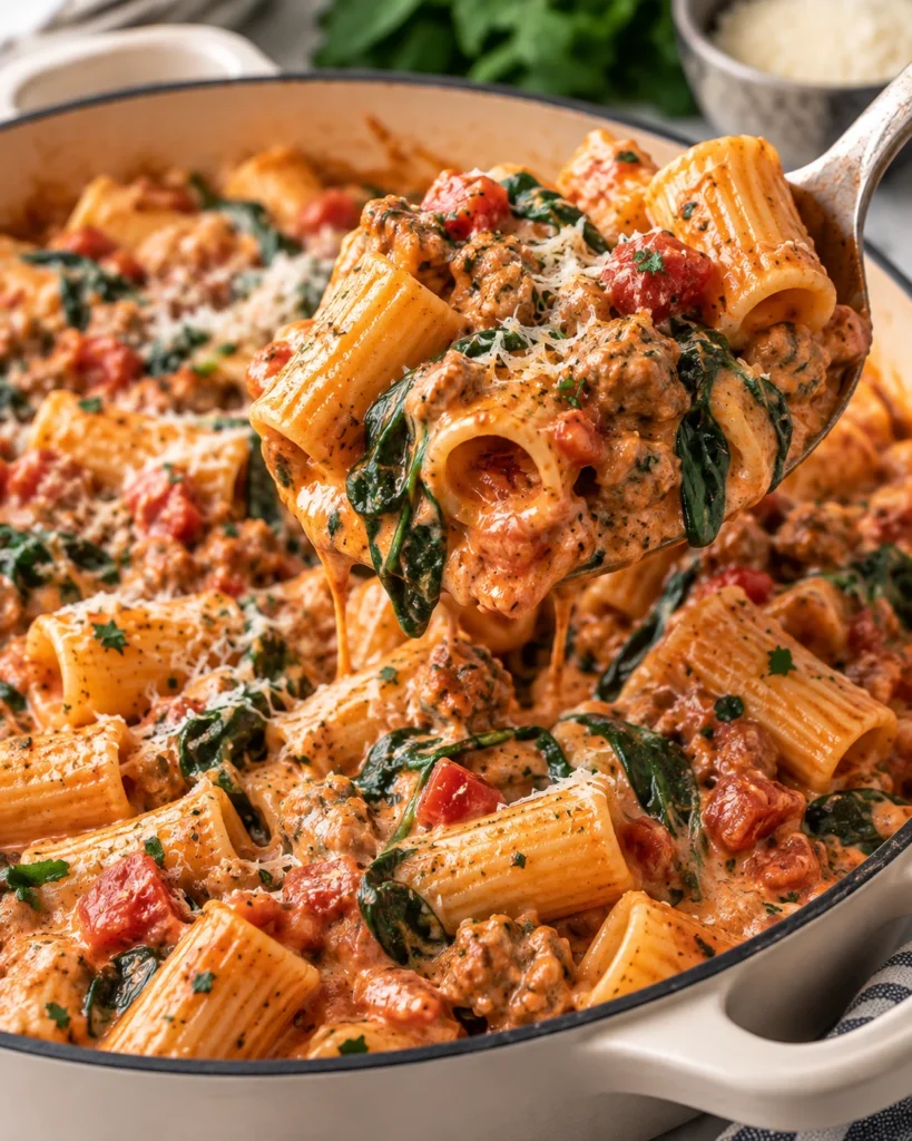 Close-up of tomato spinach pasta in a cream-colored modern handled skillet on white marble, with a spoon lifting creamy rigatoni, sausage, spinach, diced tomatoes, and Parmesan from the disturbed pasta below.