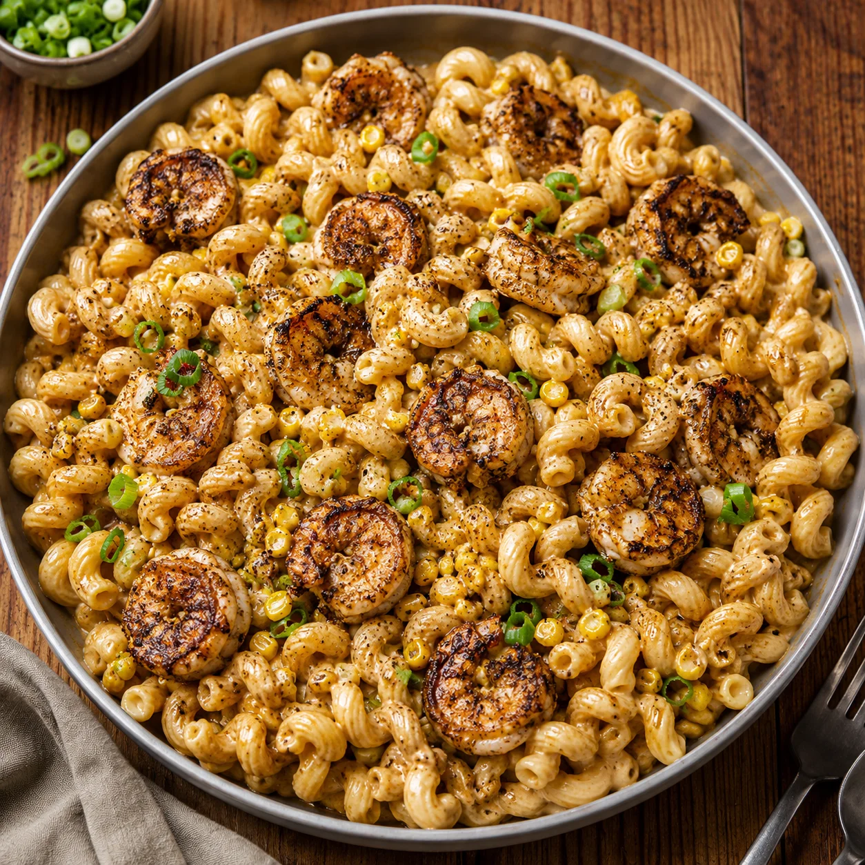 Blackened Shrimp Cavatappi with browned shrimp, corn, and green onion in a creamy skillet