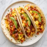 Breakfast tacos on a white marble surface with scrambled eggs, crispy bacon, golden hash browns, melted cheddar, pico de gallo, chives, avocado slices, and orange spicy sauce.