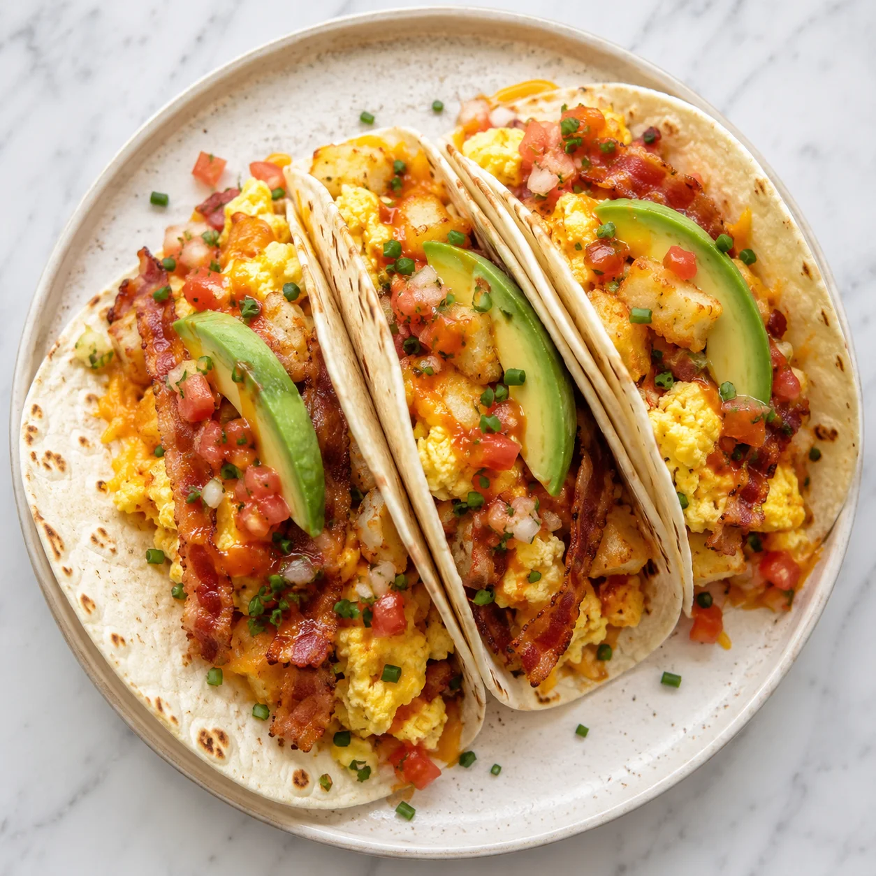 Breakfast tacos on a white marble surface with scrambled eggs, crispy bacon, golden hash browns, melted cheddar, pico de gallo, chives, avocado slices, and orange spicy sauce.