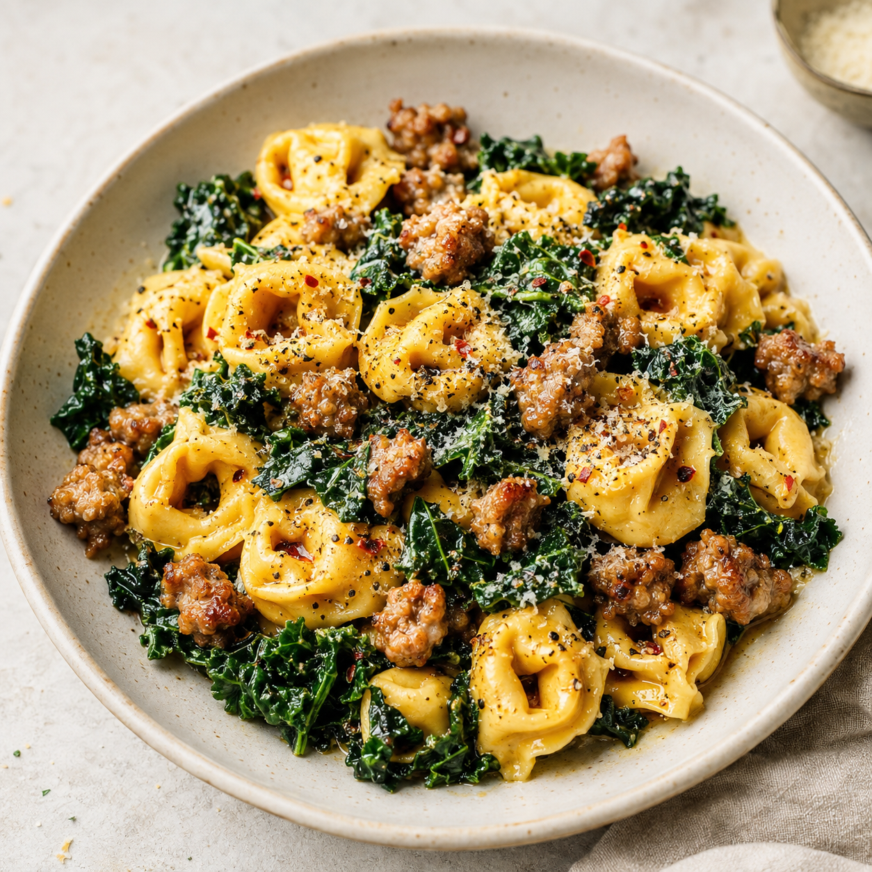 Brown butter tortellini with Italian sausage, kale, Parmesan, and red pepper flakes in a white bowl.