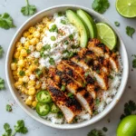 Zesty Street Corn Chicken Rice Bowl with charred chicken, golden corn, lime, and cilantro in a bowl