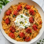 Roasted Tomato Orzo with Whipped Feta with glossy red tomatoes, herbs, and a creamy center