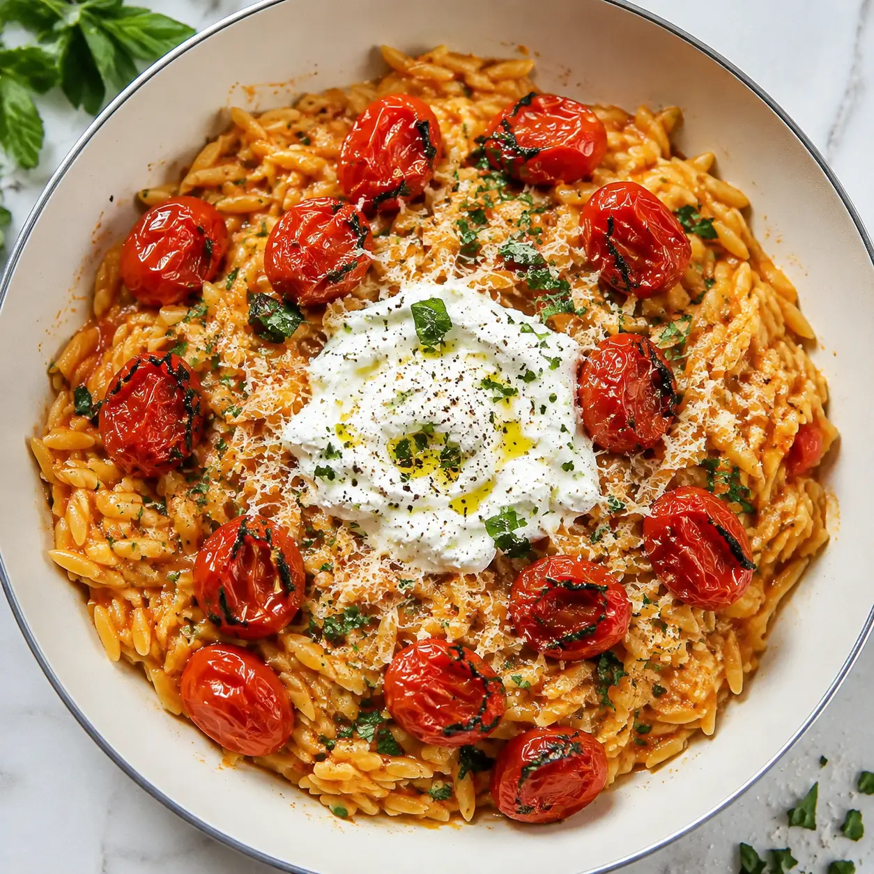 Roasted Tomato Orzo with Whipped Feta with glossy red tomatoes, herbs, and a creamy center