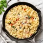 Creamy Tomato Basil Pasta with golden shells in Parmesan cream sauce in a black skillet