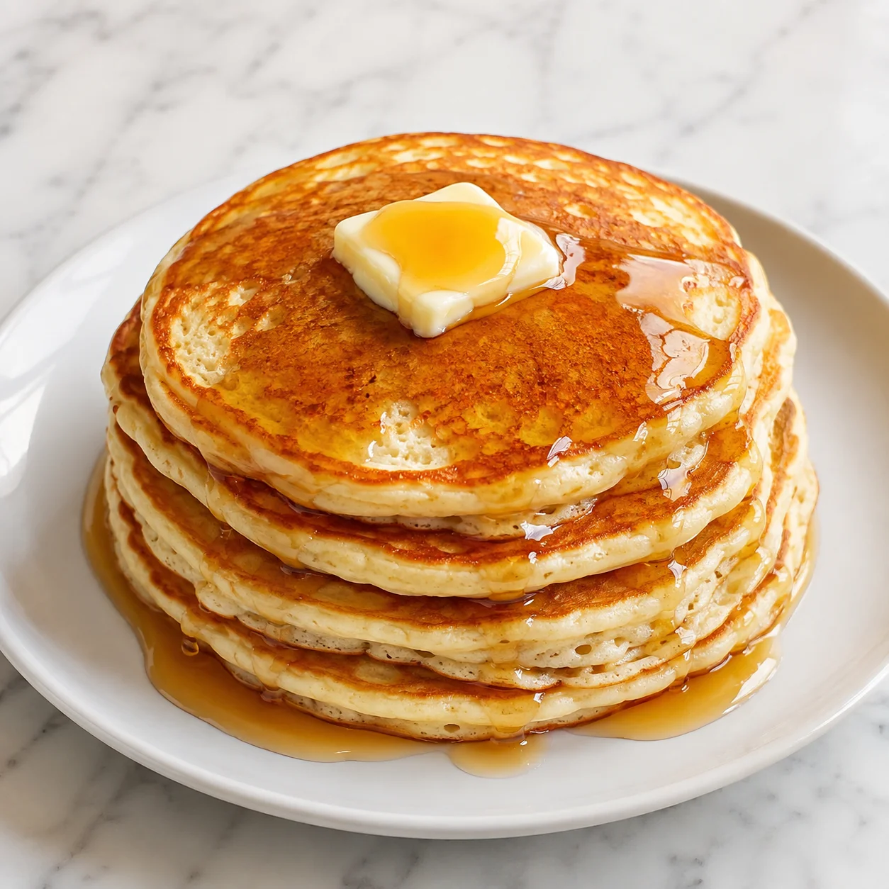 A stack of golden homemade pancakes on a white plate is topped with melting butter and glossy amber syrup on a bright white marble surface.
