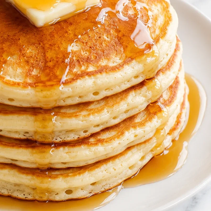 A stack of golden homemade pancakes on a white plate is topped with melting butter and glossy amber syrup on a bright white marble surface.