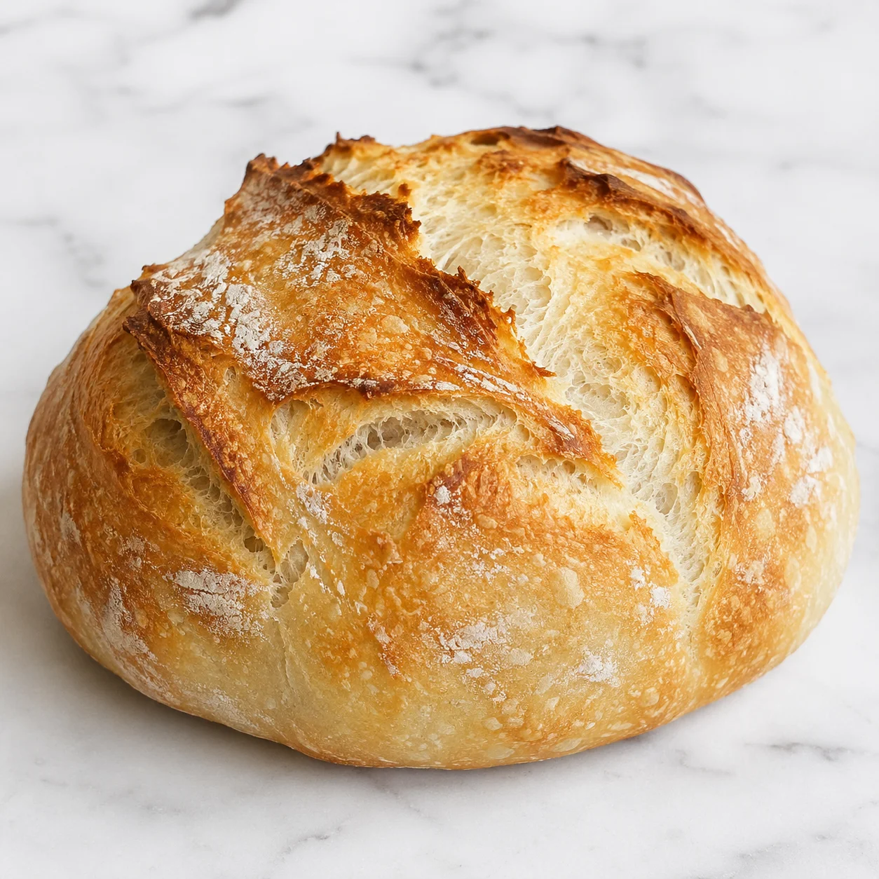 A rustic golden-brown no knead bread loaf with a flour-dusted blistered crust sits centered on a bright white marble surface in soft natural light.