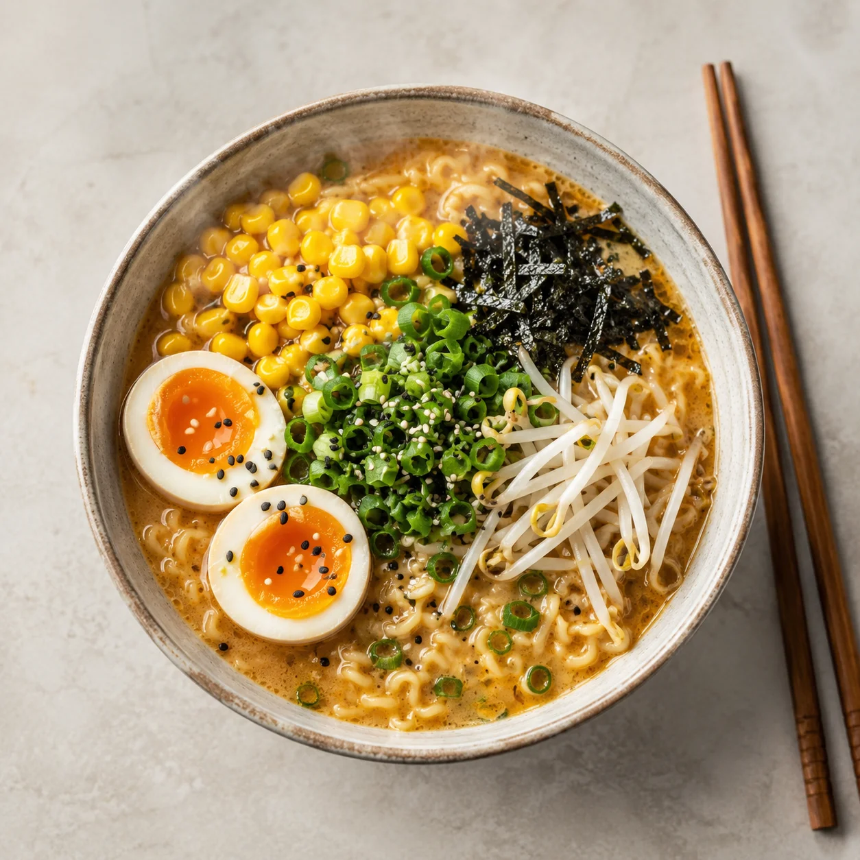 Cozy Japanese Miso Butter Corn Ramen with jammy eggs, corn, nori, green onions, and sesame in a white bowl