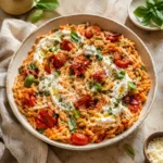 Creamy Roasted Tomato Orzo with Whipped Feta in a bowl with red tomatoes, herbs, and creamy feta