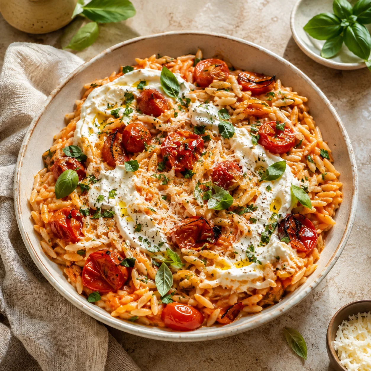 Creamy Roasted Tomato Orzo with Whipped Feta in a bowl with red tomatoes, herbs, and creamy feta
