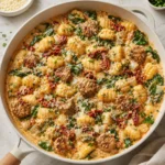 One Pan Creamy Tuscan Sausage Gnocchi in a creamy skillet with spinach, sun dried tomatoes, and Parmesan