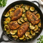 Garlic Butter Chicken and Zucchini Skillet with golden chicken, tender zucchini rounds, and parsley in a black pan