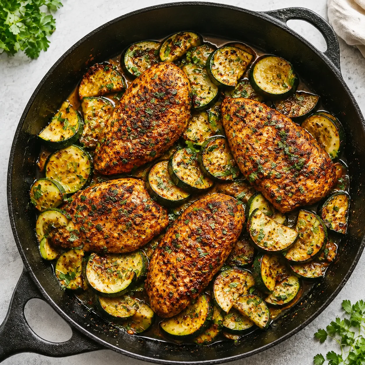 Garlic Butter Chicken and Zucchini Skillet with golden chicken, tender zucchini rounds, and parsley in a black pan