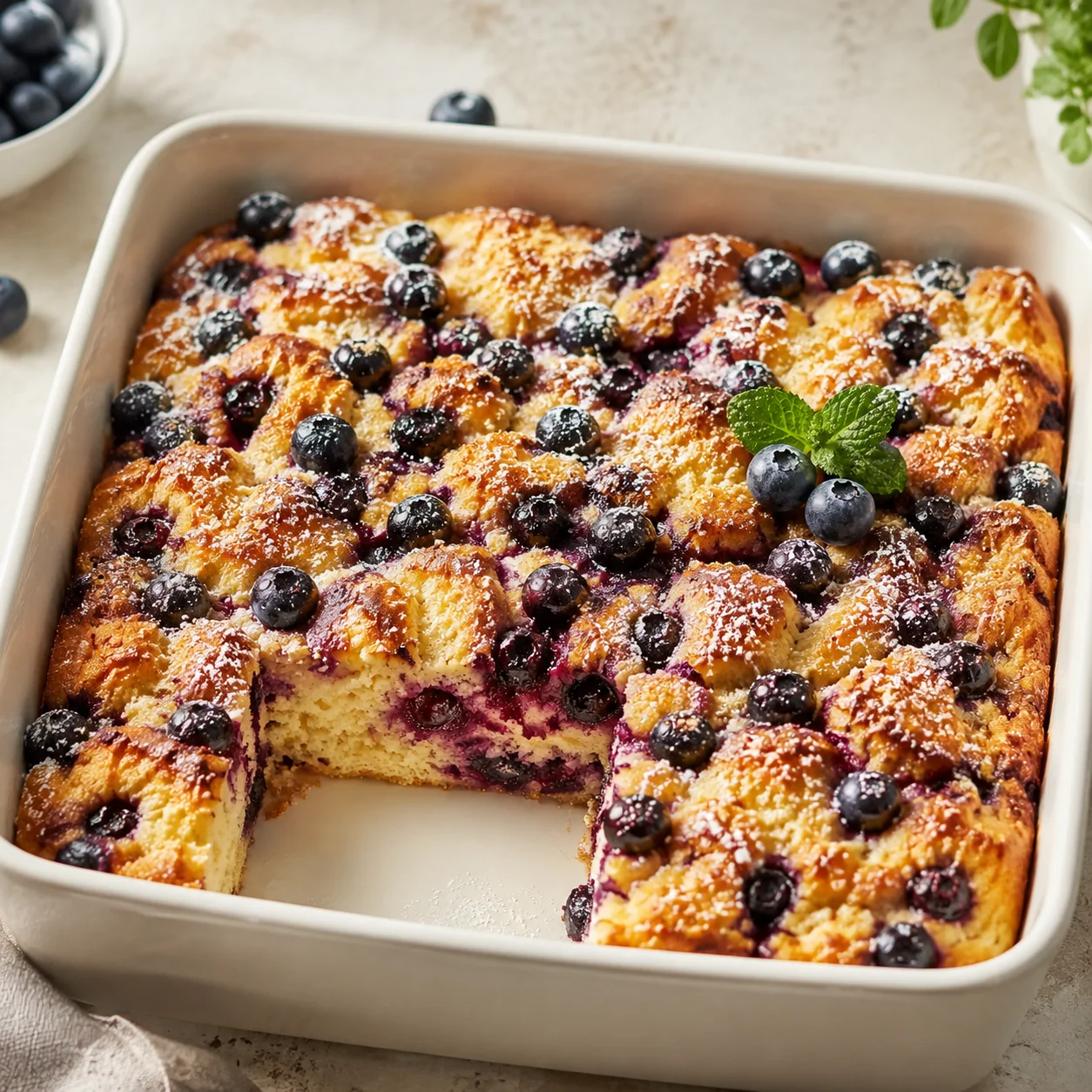 Easy Overnight Blueberry Pancake Casserole with golden edges, juicy berries, and mint in a glass baking dish