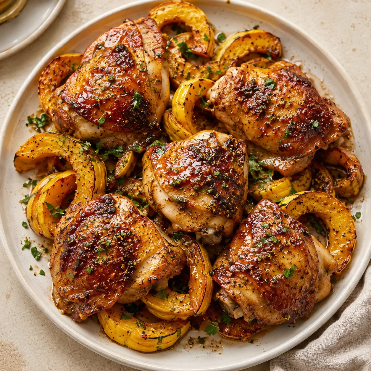 Roasted Maple Dijon Chicken Thighs with Squash with glossy browned chicken and golden squash on a platter