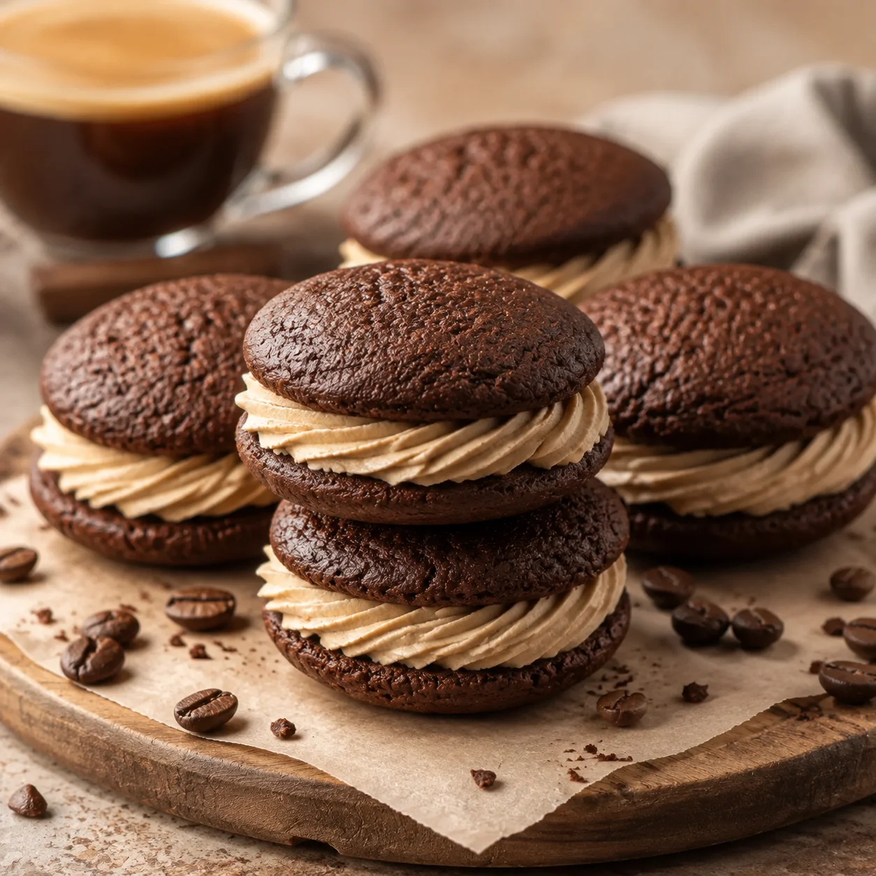 Rich Chocolate Coffee Whoopie Pies with glossy cocoa cakes and piped coffee cream on parchment