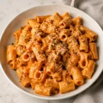 Spicy Rigatoni Recipe in a turquoise bowl with glossy orange sauce and parsley garnish