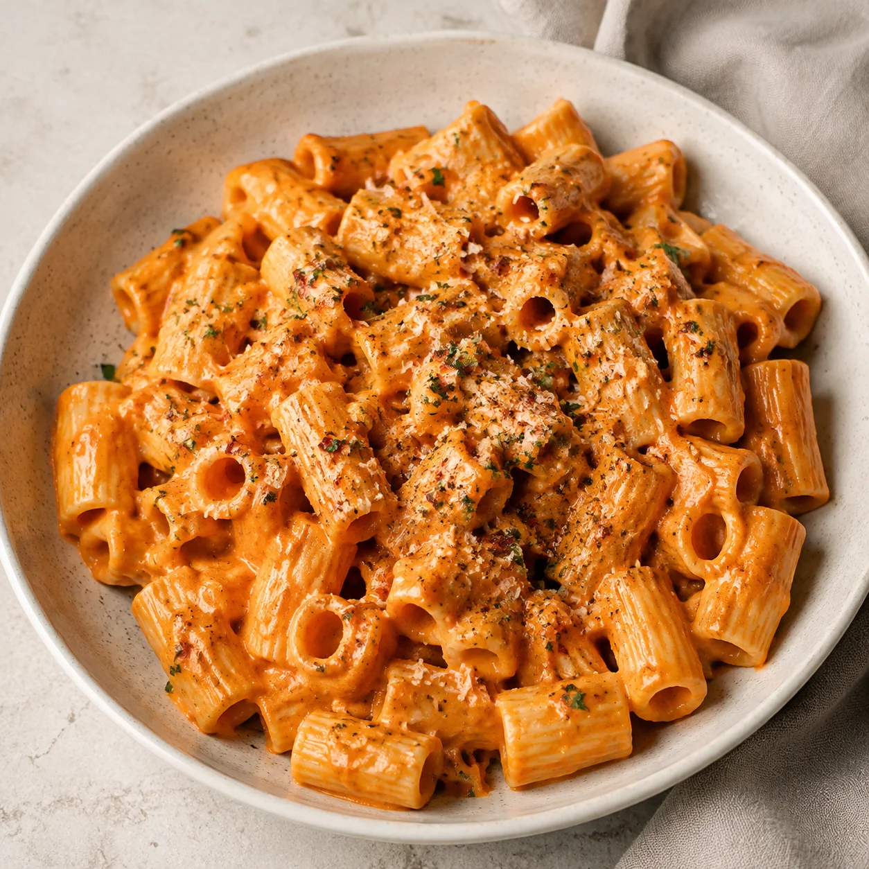 Spicy Rigatoni Recipe in a turquoise bowl with glossy orange sauce and parsley garnish