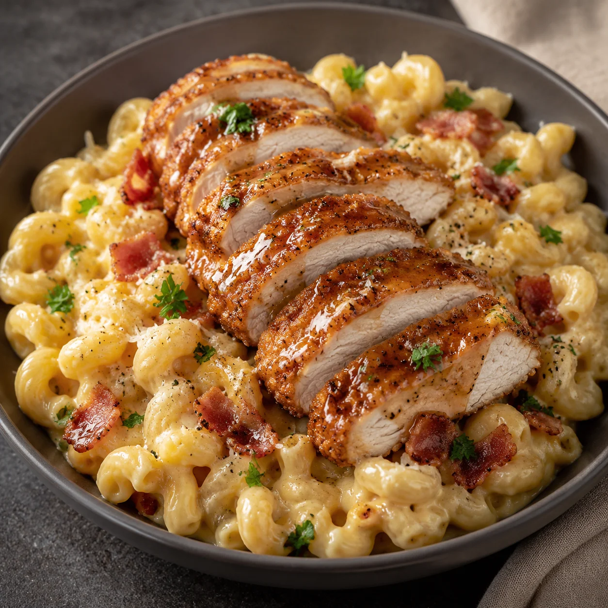 Copycat Applebee’s Honey Pepper Chicken Mac and Cheese with glossy chicken and basil in a bowl