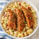 Copycat Applebee’s Honey Pepper Chicken Mac and Cheese with glossy chicken and basil in a bowl