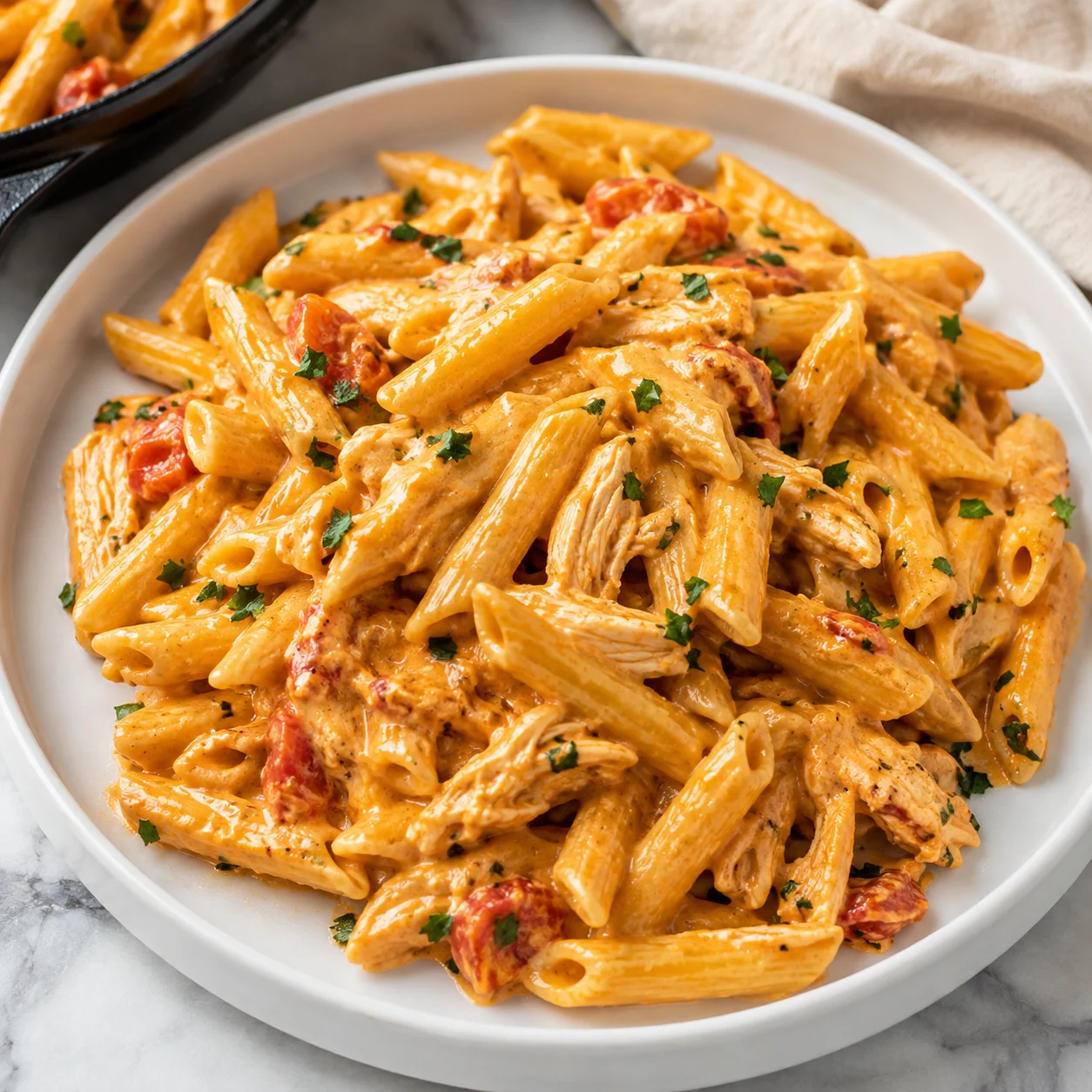 Creamy Buffalo Chicken Pasta in a white bowl with glossy orange sauce and parsley garnish