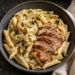 Creamy Chicken Pasta with golden sliced chicken, shells, herbs, and glossy sauce in a pan
