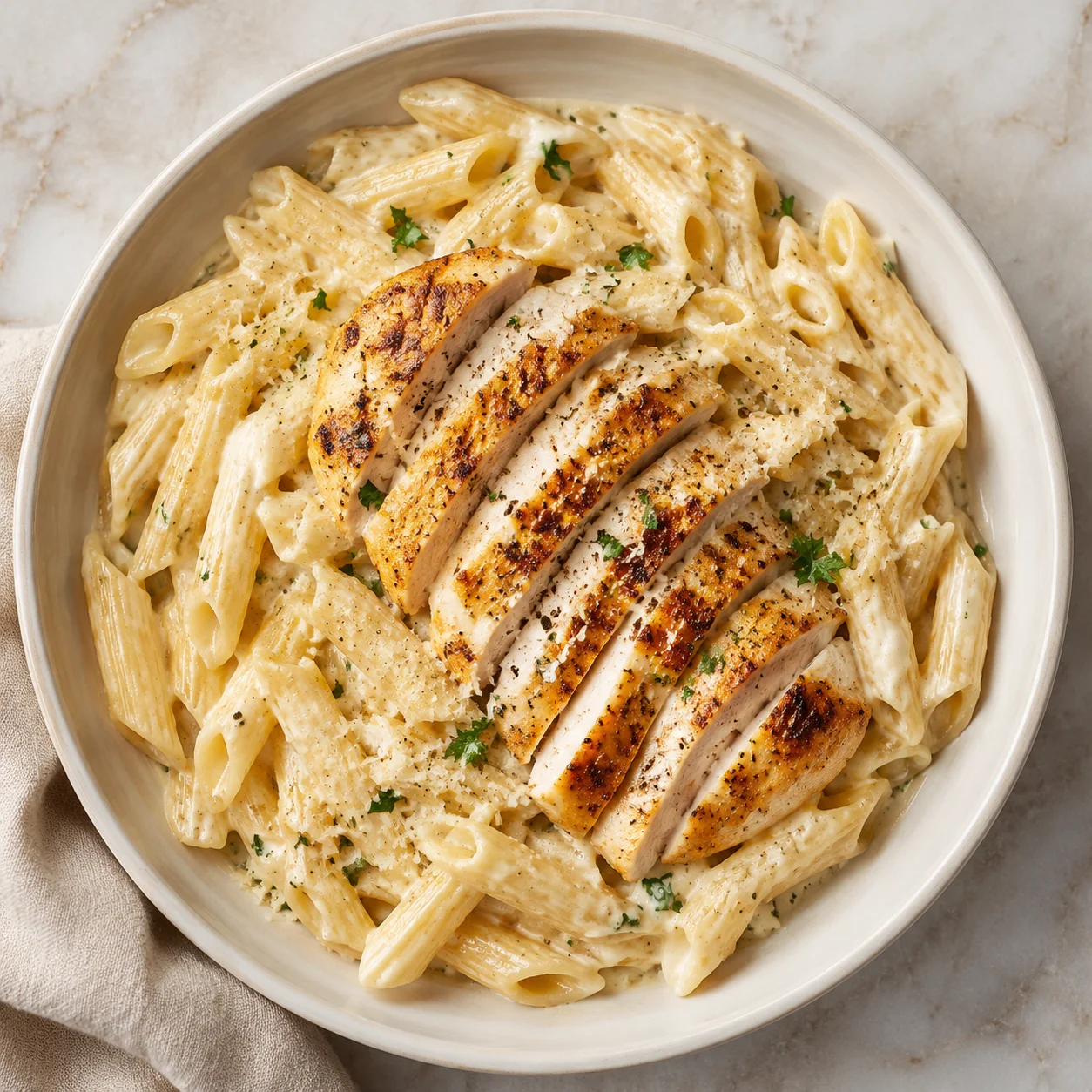 Creamy Chicken Pasta with golden sliced chicken, shells, herbs, and glossy sauce in a pan
