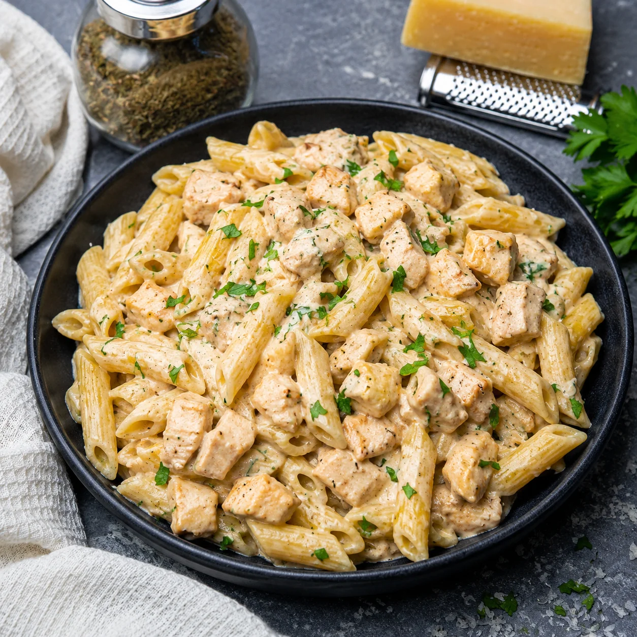 Creamy Garlic Chicken Pasta in a black bowl with parsley and glossy Parmesan sauce