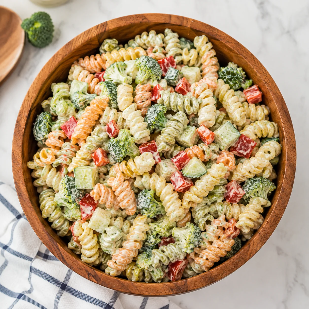 Creamy Ranch Pasta Salad with tri color rotini and crisp broccoli in a wooden bowl