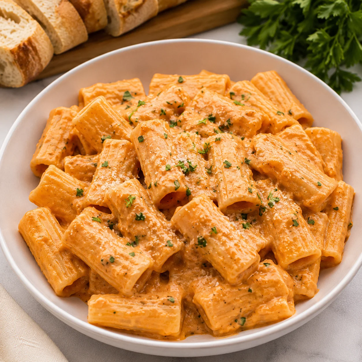 Creamy Rigatoni Pasta with rigatoni in orange tomato cream sauce topped with Parmesan