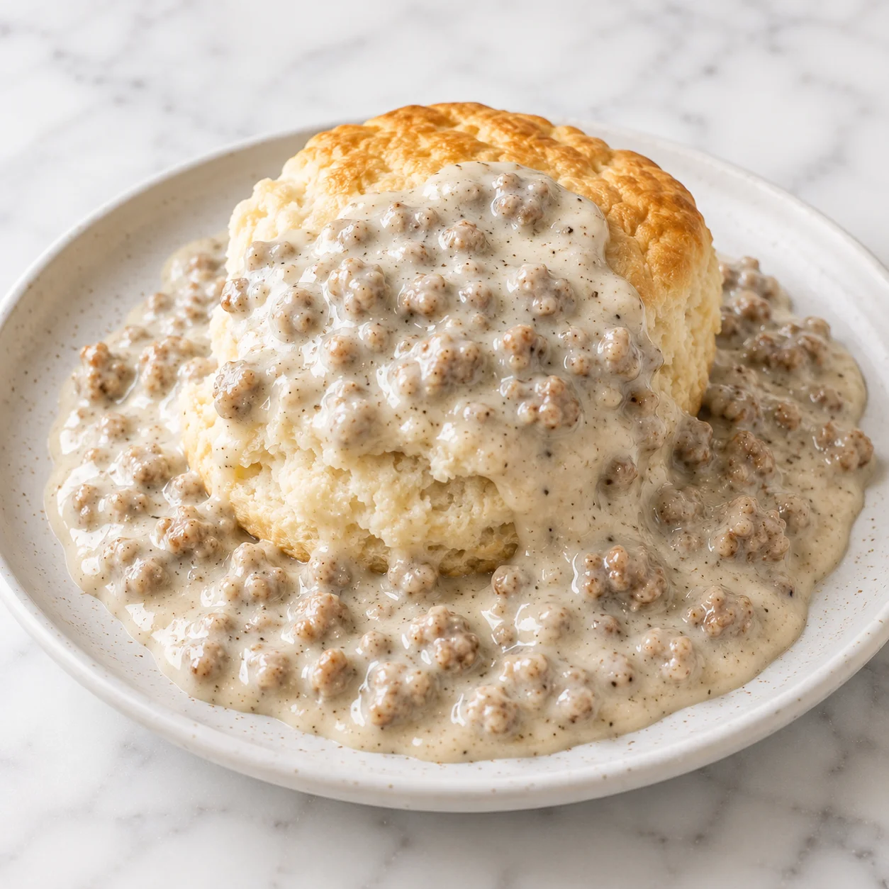 A close-up of flaky biscuit topped with glossy sausage gravy, tender sausage crumbles, and pepper flecks against a softly lit white marble background.