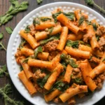 Creamy Sausage Rigatoni with glossy tomato sauce, wilted spinach, and crumbled sausage on a plate